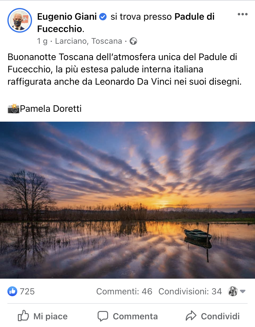 La pagina di Eugenio Giani condivide un particolare tramonto nel Padule di Fucecchio